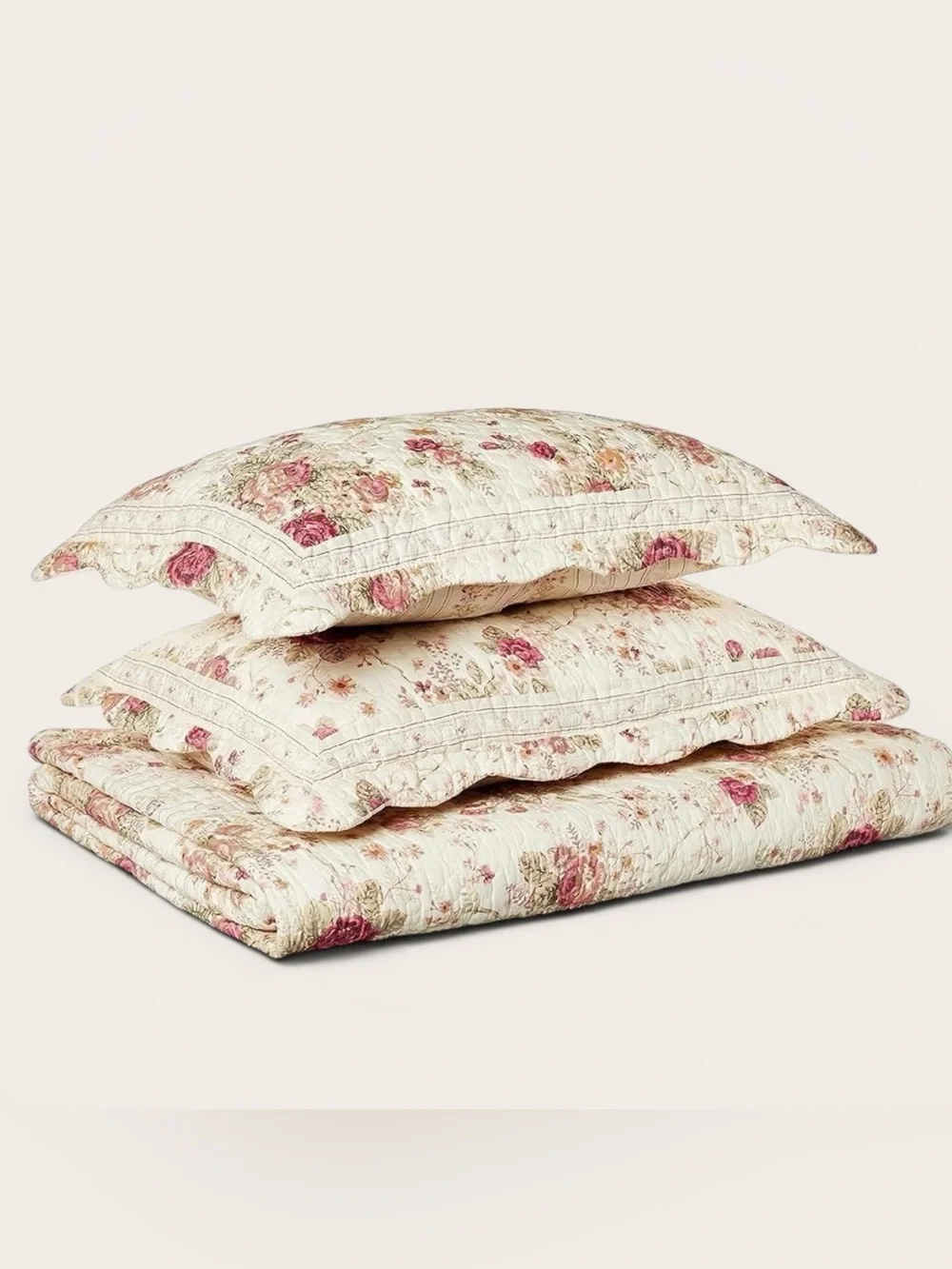 NEW Anthro White Red Floral Cream Queen King Quilt Bedspread Bedding & Sham Set
